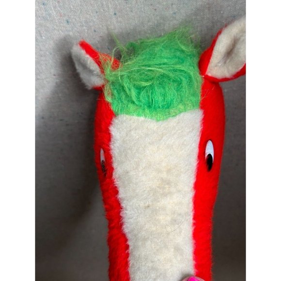 RARE Vintage Broom Stick Riding Horse Pony Plush Toy 40s Red white-Green Hair - Picture 5 of 9